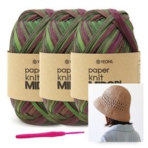 [니뜨] 미도리 종이실 40g 뜨개실 x 3볼 +모사용코바늘 6/0호+프레아버킷햇도안, 15(그린퍼플믹스)