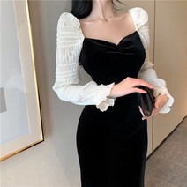 Lizziery 프렌치 레트로 궁중 가볍고 사치스러운 벨벳 원피스