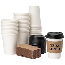 YEEHAW [355ml(12온스) 50팩 커피 컵 뚜껑 및 슬리브 포함 흰색 일회용 종이컵 커피 뜨거운 액체 초콜릿 주스 음료 카페 비스트로에 이상적