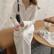 [랜덤플레이]카라넥 니트 롱 단추 원피스