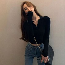 가을 겨울 여성 티셔츠 싱글 브레스트 오 넥 스키니 쇼트 탑스 스타일 한국 쿨 파티 올 매치 레이디스 봄 유행