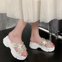 프리티슈 발편한 엑스 스트랩 보석 큐빅 키높이 통굽 슬리퍼 6.5cm