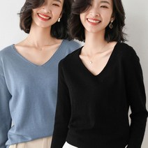 깔끔한 여성 무지 기본 스타일 브이넥 긴팔 티셔츠