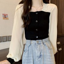 [랜덤플레이] 물결 스퀘어넥 배색 쉬폰 블라우스