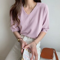소프트 5부 니트 티 여성 브이넥 이너 티셔츠 무지