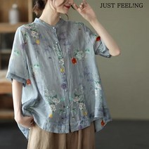 JUST FEEL!NG 여성 여름 루즈핏 빈티지 5부 면마 상의 셔츠 불라우스 남방 루즈핏 린넨