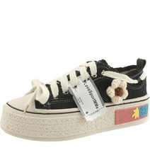 라벨 플라워 자수 캔버스화 빈티지 스니커즈 블랙