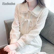 나바바 NB1207 여성 러블리 레이스 리본 카라 블라우스