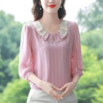40 50대 미시 플리츠 배색 둥근 카라 줄지 쉬폰 7부소매 봄 블라우스 레드 연핑크