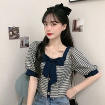DAPANDA 여름 2021 스퀘어 넥 버블 반팔 체크 셔츠 여자 디자인 쁘띠 쇼트 톱