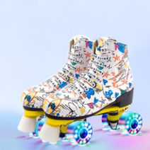 그래비티 롤러스케이트 아동 성인 디자인 롤러스케이트 롤러장 발광, 화이트 그래피티 + 플래시 휠