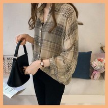 체크셔츠 블라우스 가오리핏 루즈핏 캐주얼셔츠 여자셔츠 여성블라우스 마담의류 봄가을 긴팔셔츠