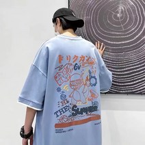 여름 만화 낙서 반팔 티셔츠 남성용 느슨한 캐주얼 인쇄 커플 캐주얼 라운드 넥 탑