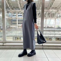 꿀꿀민연 브이넥 민소매 솔리드 나시 원피스 민소매 원피스 롱원피스