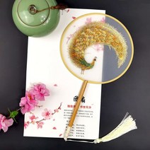 너슬부채 한국무용 전통 부채춤 여성 댄스 자수 꽃 핸드 헬드 나무 손잡이 팬 빈티지 반투명 중국 스타일 라운드 실크 술, 17 17