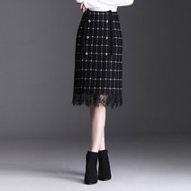 ONEPICK [안심구매 무료교환] 여성 체크 레이스 패치 더블 니트 백 힙 스커트 추동 스판 미디