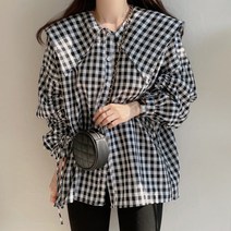 주디앤 여성용 퍼퓰러 봄 가을 빅카라 체크 루즈핏 긴팔 블라우스