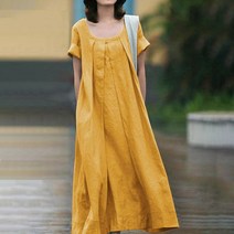 브랜드없음 여성용 솔리드 컬러 O-넥 플리츠 빅 스윙 반팔 드레스