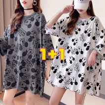1+1 여성 미키 반팔 티셔츠 여름 빅사이즈 오버핏 라운드 티셔츠 데일리