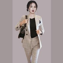 EAMT 여자 투피스 오피스 봄가을 정장 체크 팬츠