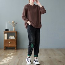 청바지 캐주얼 봄 맨투맨 라운드 솔리드 루즈핏 코디상의 패치 배기 팬츠 세트