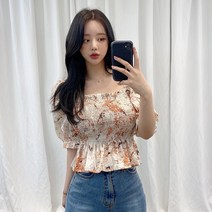 VANANA2 오프숄더 스모크밴딩 나염 블라우스