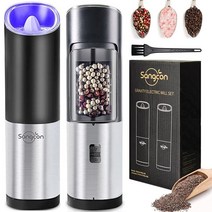 우물 Sangcon 전기 소금 후추 그라인더 밀 세트 안전 및 중력 스위치 LED 조명으로 배터리 구동 거칠기 조절 가능 한 손으로 작동되는 자동 주방 가제트 스테인리스, 2 Mills/Box
