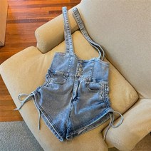 여성용 짧은 데님 작업복 홀 숏 점프수트 하이웨이스트 캐주얼 청바지 플레이수트 워싱 살로펫 스트랩 여름 롬퍼