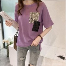 [루디아스러버] 여성 스팽글 포켓 면 반팔 티셔츠