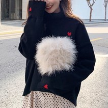 여자 하트 패턴 로고 목폴라 귀여운 상큼한 겨울 니트 스웨트 남자들이좋아하는 발랄한