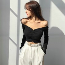오프숄더 타이트한 자르기 탑 인 여성용 긴팔 틈새 쇄골 원 숄더 스트랩리스 배꼽 바닥 티셔츠 트렌디