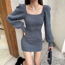 퍼플 벌룬소매 스퀘어넥 니티 미니 원피스 슬림 랩 니트스커트 프렌치