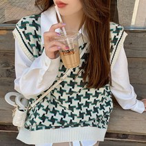 배색 패턴 니트 베스트 조끼 여유핏 넥라인 헤짐 SyK 여성 봄 예쁜 루즈핏 꽈배기 정장 모직 레이어드