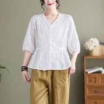 펀칭블라우스 아일렛 레이스 여자 자수 벌룬 브라우스 예쁜 빅사이즈 반팔 셔링 쉬폰 빅카라 셔츠