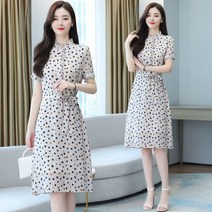 데일리룩 원피스 여 새로운 여름 반팔 도트 허리 여리여리한 누에실크 a라인 롱스커트 슬림 여성스러운