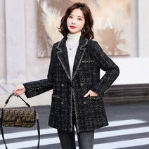 데일리룩 가을 겨울 여성 루즈핏 체크 모직 코트 잔향풍 트위드 명원 패치 슈트 원색 인플루언서