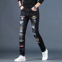 남성용 자수 청바지 찢어진 패치 패치 패치 프린트 스판 청바지 Men