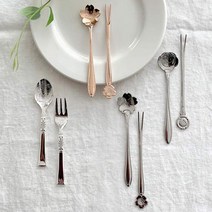 Flower antique 섬세 정교 견고 꽃무늬 디저트 티스푼 티포크, 벚꽃 로즈골드 티포크