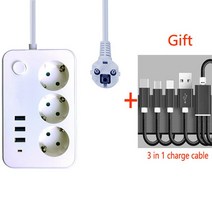 멀티탭EU 소켓 250V 16A 2500W 3 USB 충전 전화 4/3 콘센트 전원 스트립 집 전압 보호, 01 250 볼트_01 white_01 EU, 09 model 3 with cable