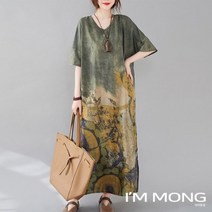 아이엠몽 여성 빅사이즈 프린팅 루즈핏 데일리 홈웨어 가벼운 롱 원피스 채야