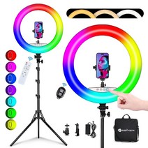 Yesker 삼각대 스탠드 및 휴대폰 홀더가 있는 링 라이트 45.7cm(18인치) RGB 링라이트 25가지 모드 이중 색상 조절 가능 2700–7000K LED 셀카 헤일, 18 RGB Ring Light