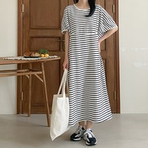 루즈핏 단가라퍼프소매 스트라이프면원피스 1114763