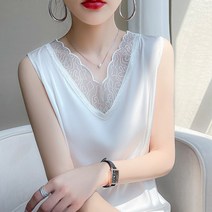 여자 레이스 민소매 나시 블라우스 여름 캐미솔 수트 아세테이트 새틴 실크 화이트