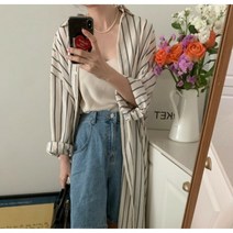 셔츠 롱 폴리에스테르 원피스 스트라이프 루즈핏 오버 하늘하늘 긴팔드레스