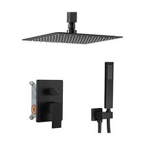 Heable 샤워 시스템 매트 블랙 욕실 25 4cm(10인치) 레인 헤드 천장 마운트 핸드헬드 럭셔리 고압 콤보 세트 수도꼭지 러프인 밸브 바디 및 트림 포함, 25.4 cm(_매트 블랙.
