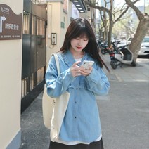 느슨한 캐주얼 일본 복고풍 레이스 칼라 데님 셔츠 여성용 얇은 코트