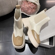 두꺼운 밑창 첼시 부츠 여성 봄과 가을 하이힐 소매 스퀘어 헤드 탄성 벨트 스퀘어 힐 부츠 짧은 부츠