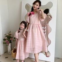 체크 리본 모녀세트 원피스 엄마랑딸 커플룩 사진촬영 시밀러룩 여행 휴양지룩