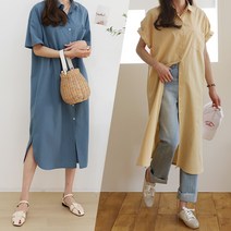 하늘바라기 여성용 심플 썸머 롱 셔츠 원피스