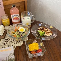 귀여운 꽃무늬 투명 유리그릇 샐러드 볼 소스 접시, 플라워 스퀘어 볼